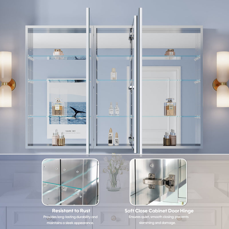 52 in. ×36 in. Copper-Free Tri-Views Mirror Medicine Cabinet with Adjustable Shelves and 3 Doors