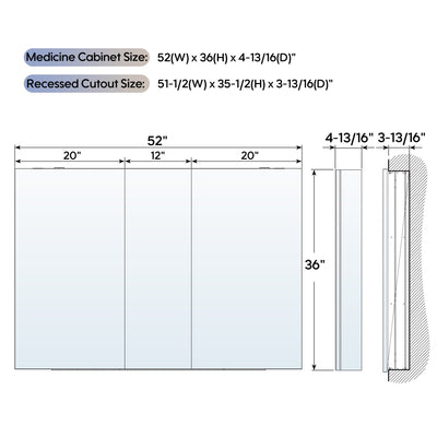 52 in. ×36 in. Copper-Free Tri-Views Mirror Medicine Cabinet with Adjustable Shelves and 3 Doors