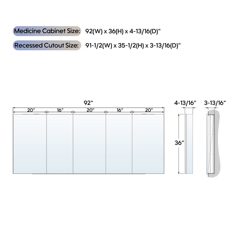 92 in. ×36 in. Copper-Free Tri-Views Mirror Medicine Cabinet with Adjustable Shelves and 5 Swing Doors