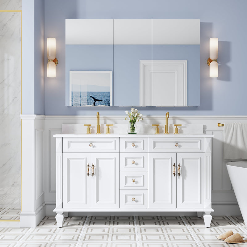 56 in. ×36 in. Copper-Free Tri-Views Mirror Medicine Cabinet with Adjustable Shelves and 3 Doors