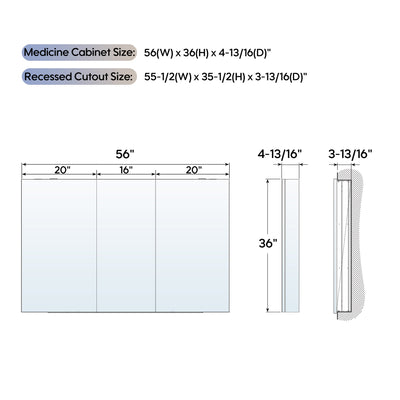 56 in. ×36 in. Copper-Free Tri-Views Mirror Medicine Cabinet with Adjustable Shelves and 3 Doors