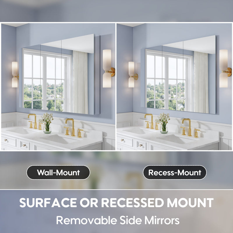 56 in. ×36 in. Copper-Free Tri-Views Mirror Medicine Cabinet with Adjustable Shelves and 3 Doors
