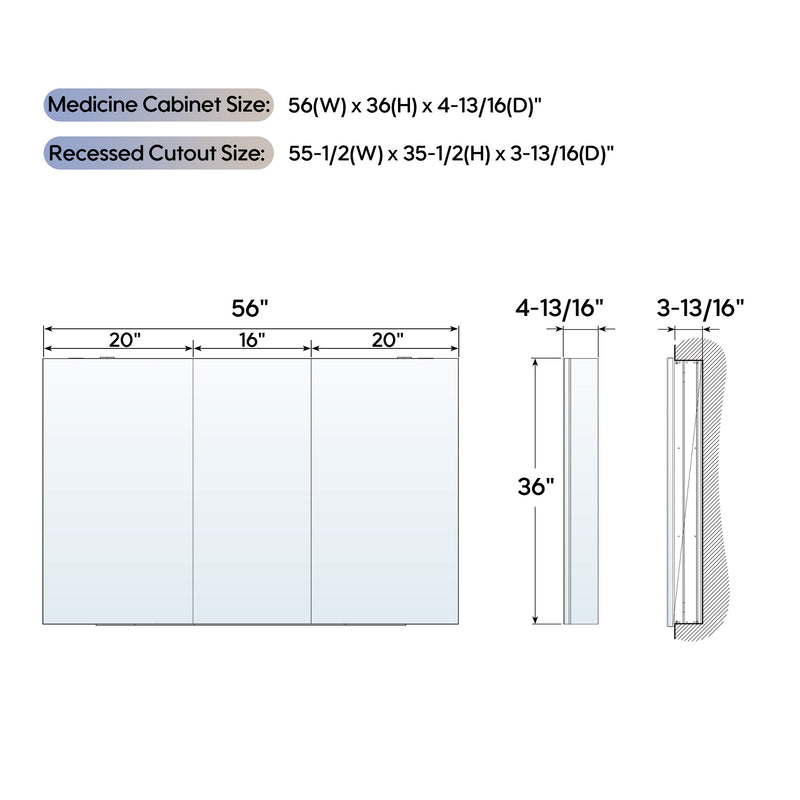 56 in. ×36 in. Copper-Free Tri-Views Mirror Medicine Cabinet with Adjustable Shelves and 3 Doors
