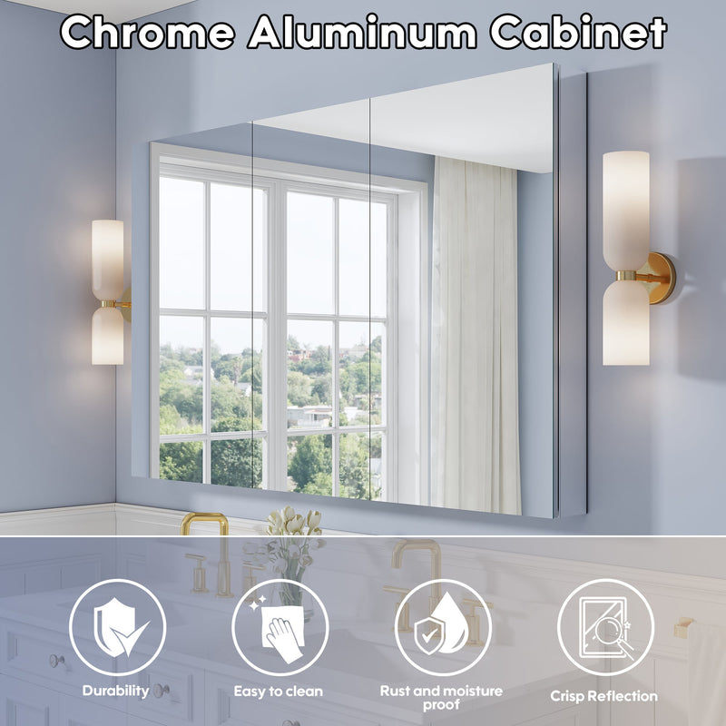 56 in. ×36 in. Copper-Free Tri-Views Mirror Medicine Cabinet with Adjustable Shelves and 3 Doors