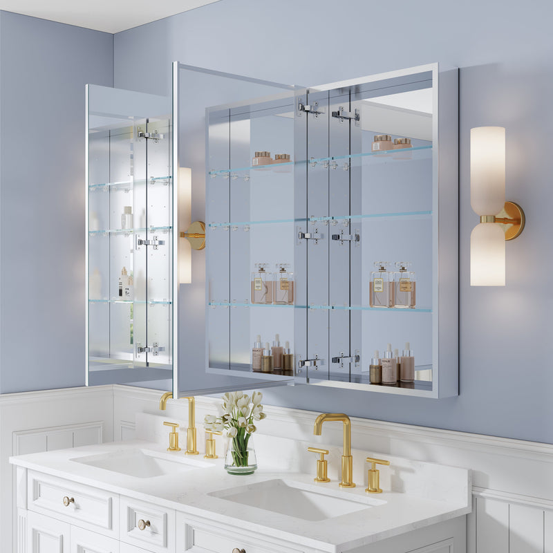 56 in. ×36 in. Copper-Free Tri-Views Mirror Medicine Cabinet with Adjustable Shelves and 3 Doors