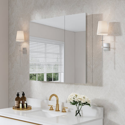 36 in. x30 in. Copper-Free Tri-Views Mirror Medicine Cabinet with Adjustable Shelves and and Dual Swing Doors