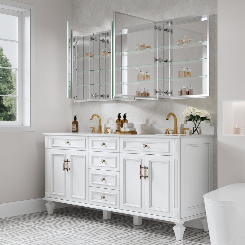 72 in. ×30 in. Copper-Free Tri-Views Mirror Medicine Cabinet with Adjustable Shelves and 4 Swing Doors