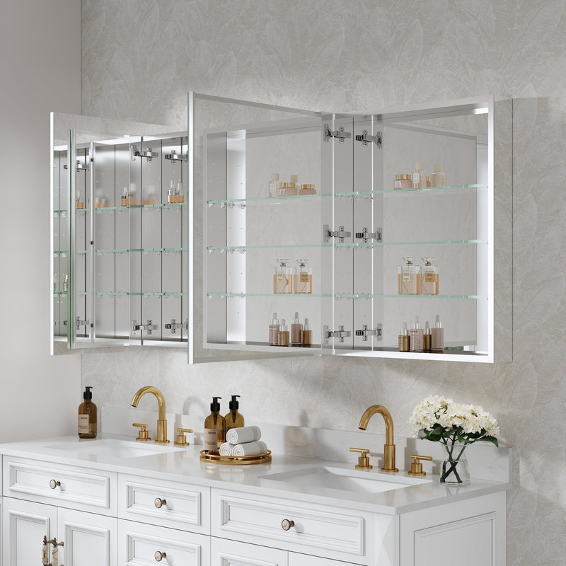 72 in. ×30 in. Copper-Free Tri-Views Mirror Medicine Cabinet with Adjustable Shelves and 4 Swing Doors