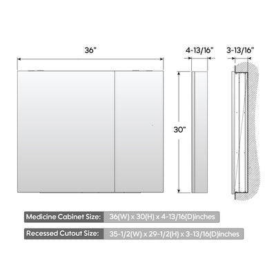 36 in. x30 in. Copper-Free Tri-Views Mirror Medicine Cabinet with Adjustable Shelves and and Dual Swing Doors