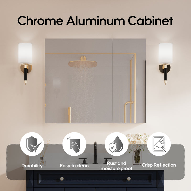36 in. x30 in. Copper-Free Tri-Views Mirror Medicine Cabinet with Adjustable Shelves and and Dual Swing Doors