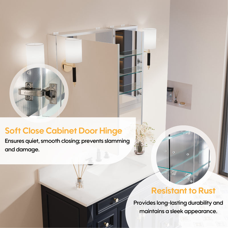 36 in. x30 in. Copper-Free Tri-Views Mirror Medicine Cabinet with Adjustable Shelves and and Dual Swing Doors