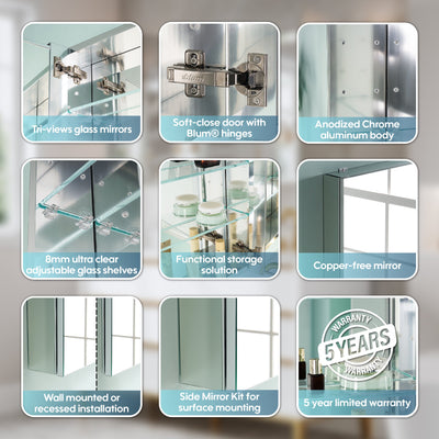 72 in. ×30 in. Copper-Free Tri-Views Mirror Medicine Cabinet with Adjustable Shelves and 4 Swing Doors