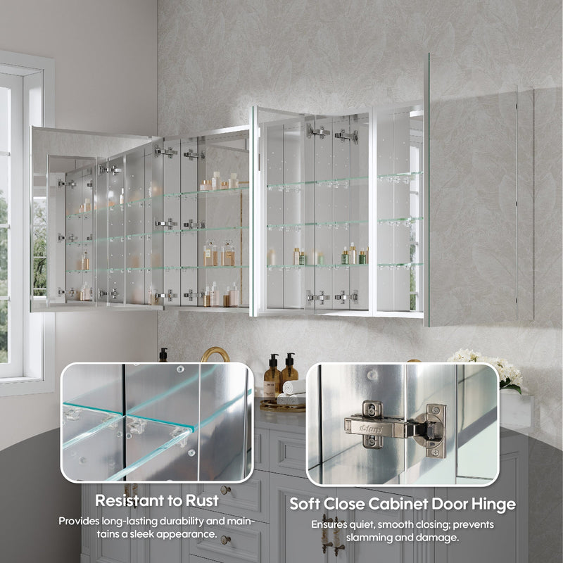 72 in. ×30 in. Copper-Free Tri-Views Mirror Medicine Cabinet with Adjustable Shelves and 4 Swing Doors