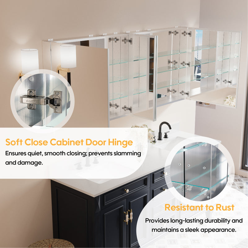 72 in. ×30 in. Copper-Free Tri-Views Mirror Medicine Cabinet with Adjustable Shelves and 4 Swing Doors