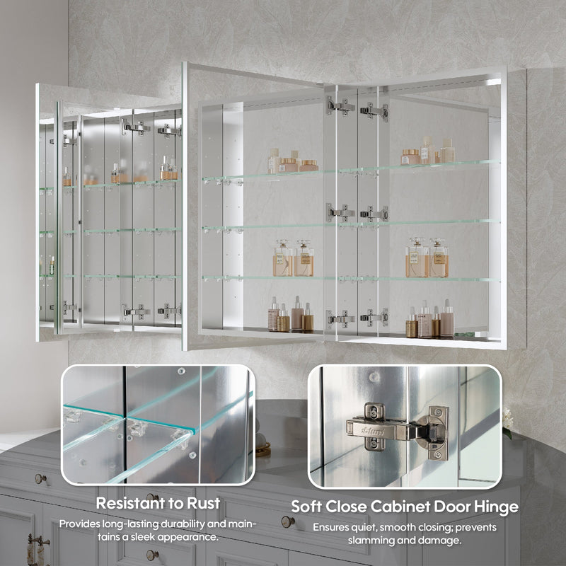 72 in. ×30 in. Copper-Free Tri-Views Mirror Medicine Cabinet with Adjustable Shelves and 4 Swing Doors