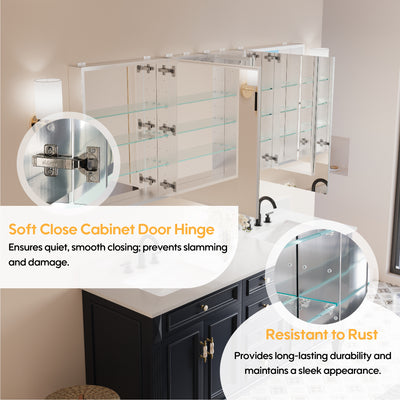 72 in. ×30 in. Copper-Free Tri-Views Mirror Medicine Cabinet with Adjustable Shelves and 4 Swing Doors