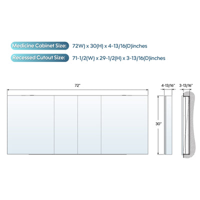 72 in. ×30 in. Copper-Free Tri-Views Mirror Medicine Cabinet with Adjustable Shelves and 4 Swing Doors
