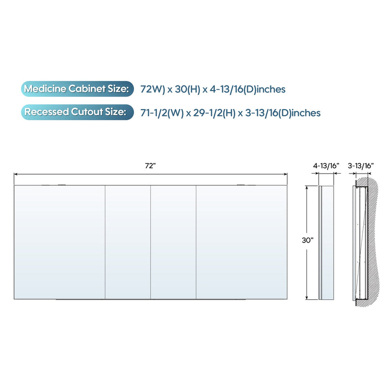 72 in. ×30 in. Copper-Free Tri-Views Mirror Medicine Cabinet with Adjustable Shelves and 4 Swing Doors
