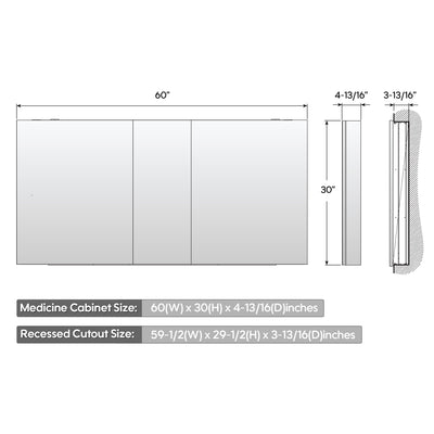 60 in. x30 in. Copper-Free Tri-Views Mirror Medicine Cabinet with Adjustable Shelves and 3 Doors