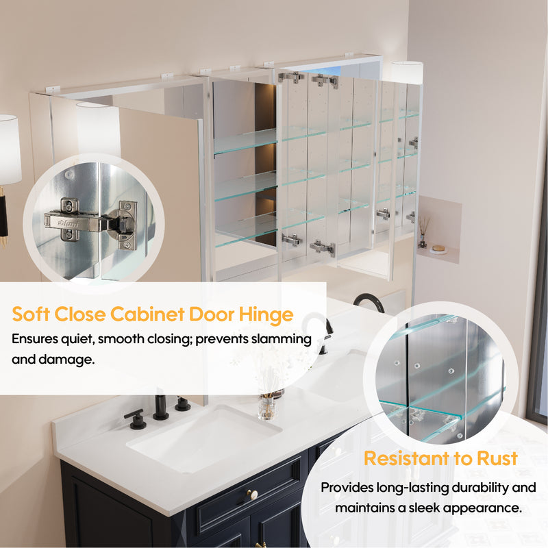60 in. x30 in. Copper-Free Tri-Views Mirror Medicine Cabinet with Adjustable Shelves and 3 Doors