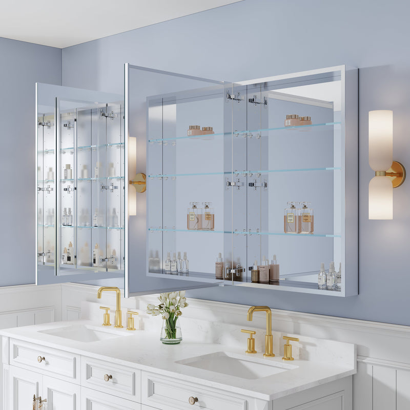 72 in. ×36 in. Copper-Free Tri-Views Mirror Medicine Cabinet with 12 Adjustable Shelves and 4 Swing Doors