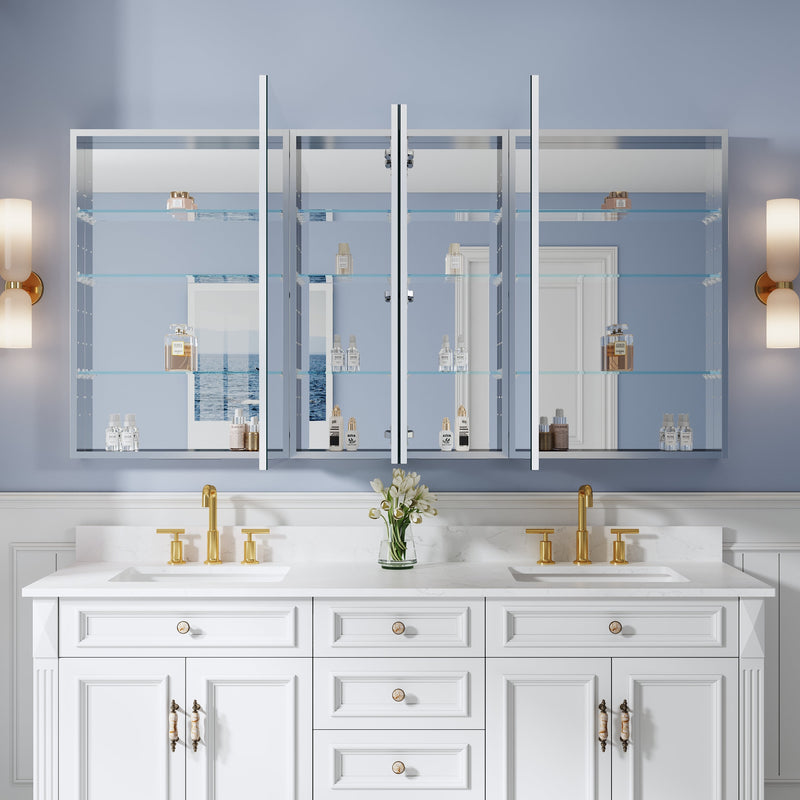 72 in. ×36 in. Copper-Free Tri-Views Mirror Medicine Cabinet with 12 Adjustable Shelves and 4 Swing Doors