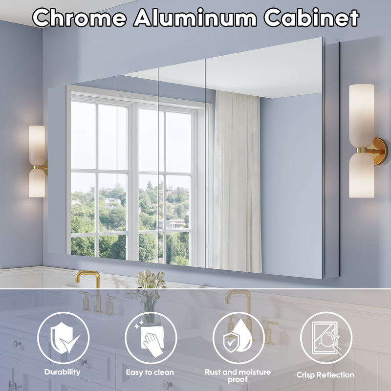 72 in. ×36 in. Copper-Free Tri-Views Mirror Medicine Cabinet with 12 Adjustable Shelves and 4 Swing Doors