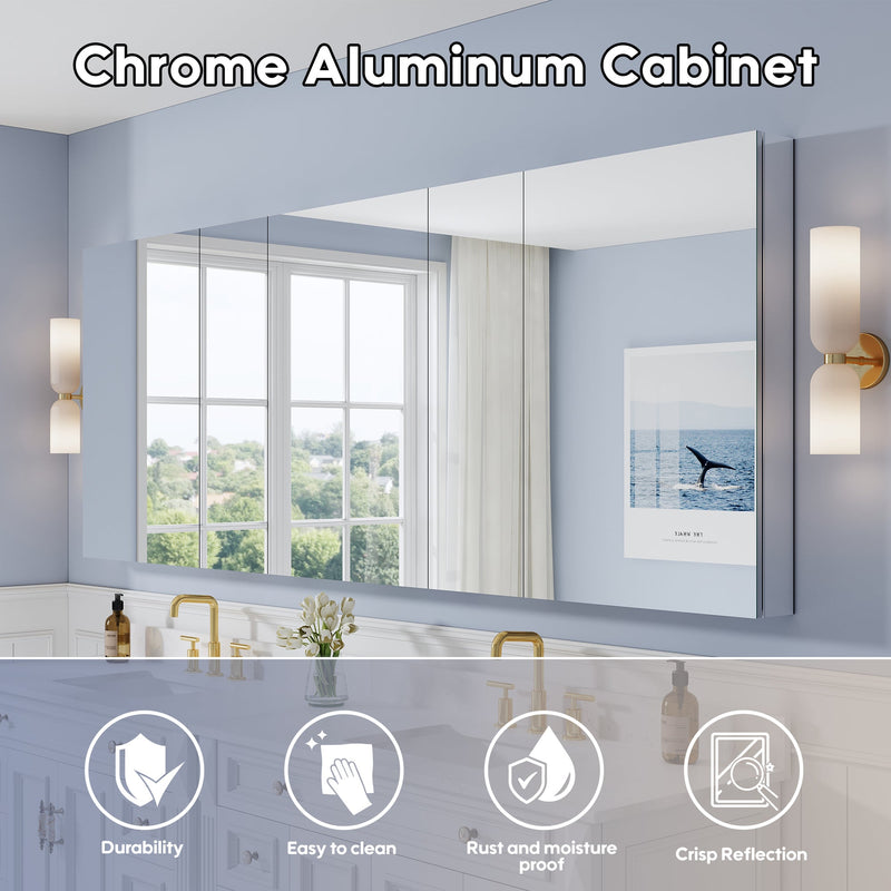 96 in. ×36 in. Copper-Free Tri-Views Mirror Medicine Cabinet with Adjustable Shelves and 5 Swing Doors