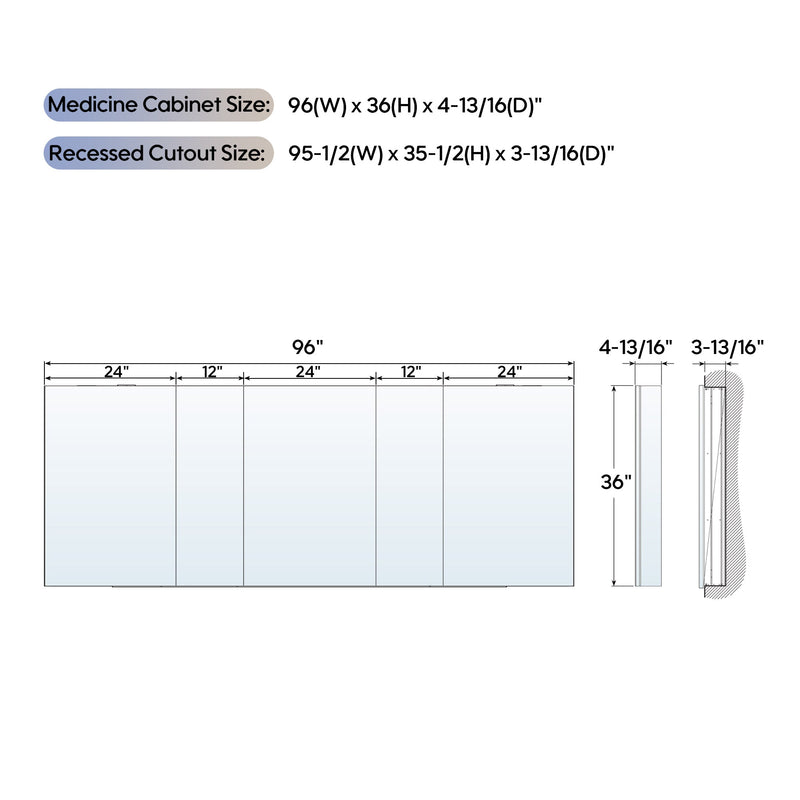 96 in. ×36 in. Copper-Free Tri-Views Mirror Medicine Cabinet with Adjustable Shelves and 5 Swing Doors
