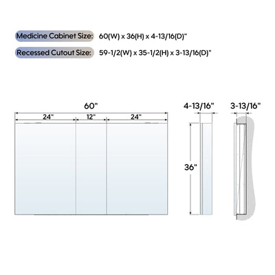 60 in. ×36 in. Copper-Free Tri-Views Mirror Medicine Cabinet with Adjustable Shelves and 3 Doors