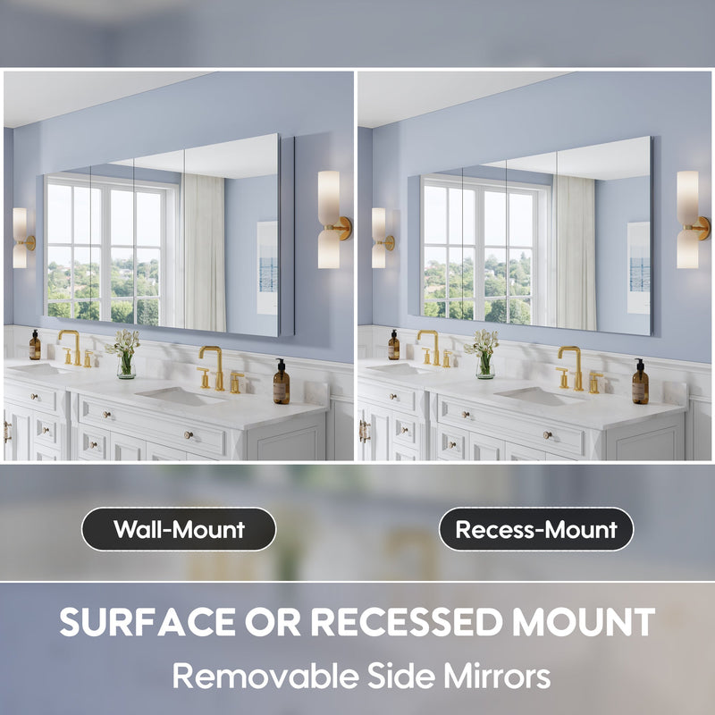 80 in. ×36 in. Copper-Free Tri-Views Mirror Medicine Cabinet with Adjustable Shelves and 4 Swing Doors