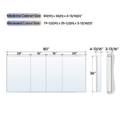 80 in. ×36 in. Copper-Free Tri-Views Mirror Medicine Cabinet with Adjustable Shelves and 4 Swing Doors