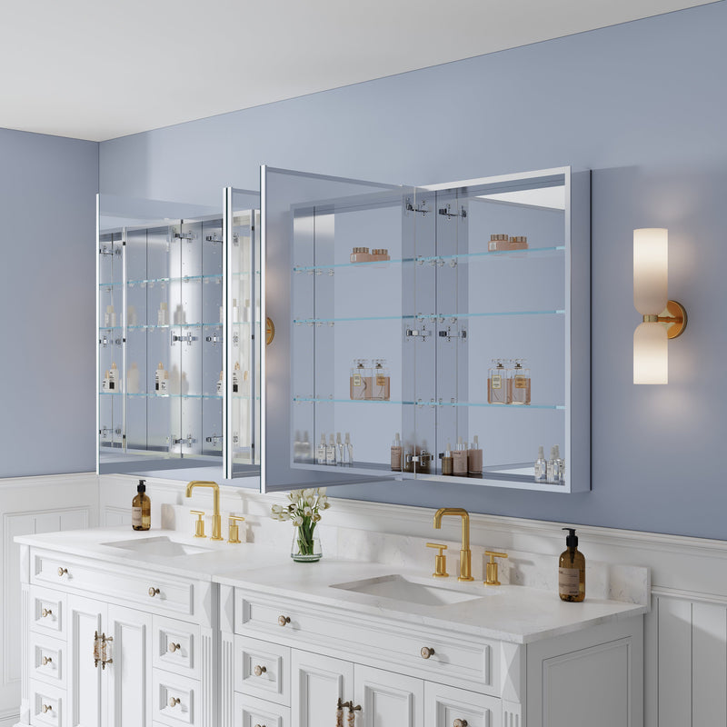 80 in. ×36 in. Copper-Free Tri-Views Mirror Medicine Cabinet with Adjustable Shelves and 4 Swing Doors