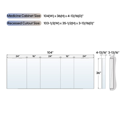 104 in. ×36 in. Copper-Free Tri-Views Mirror Medicine Cabinet with Adjustable Shelves and 5 Swing Doors