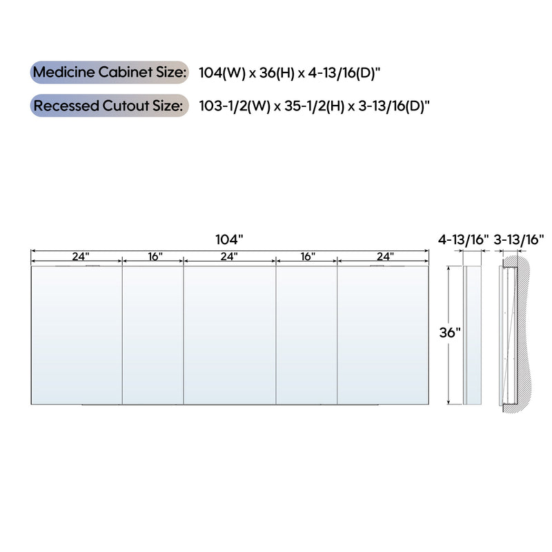 104 in. ×36 in. Copper-Free Tri-Views Mirror Medicine Cabinet with Adjustable Shelves and 5 Swing Doors