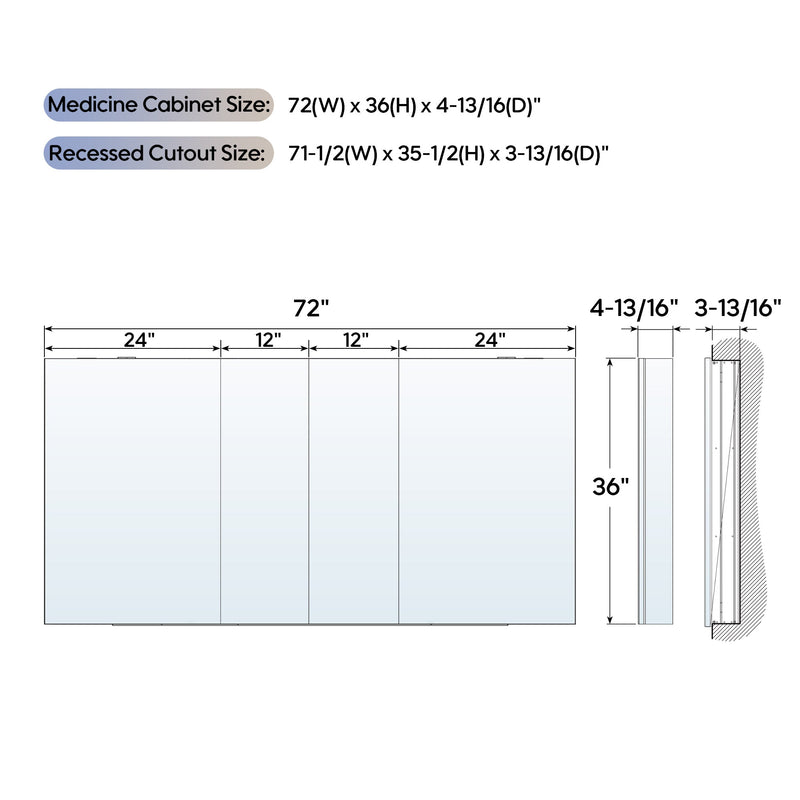 72 in. ×36 in. Copper-Free Tri-Views Mirror Medicine Cabinet with 12 Adjustable Shelves and 4 Swing Doors