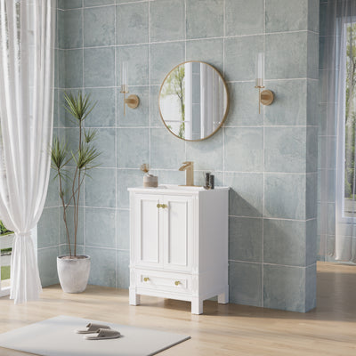 24 Inch Solid Wood Bathroom Vanity with cUPC Ceramic Basin, Soft-Close Doors, Gold Anodized Aluminum Handles