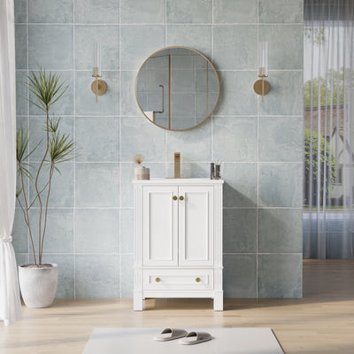 24 Inch Solid Wood Bathroom Vanity with cUPC Ceramic Basin, Soft-Close Doors, Gold Anodized Aluminum Handles