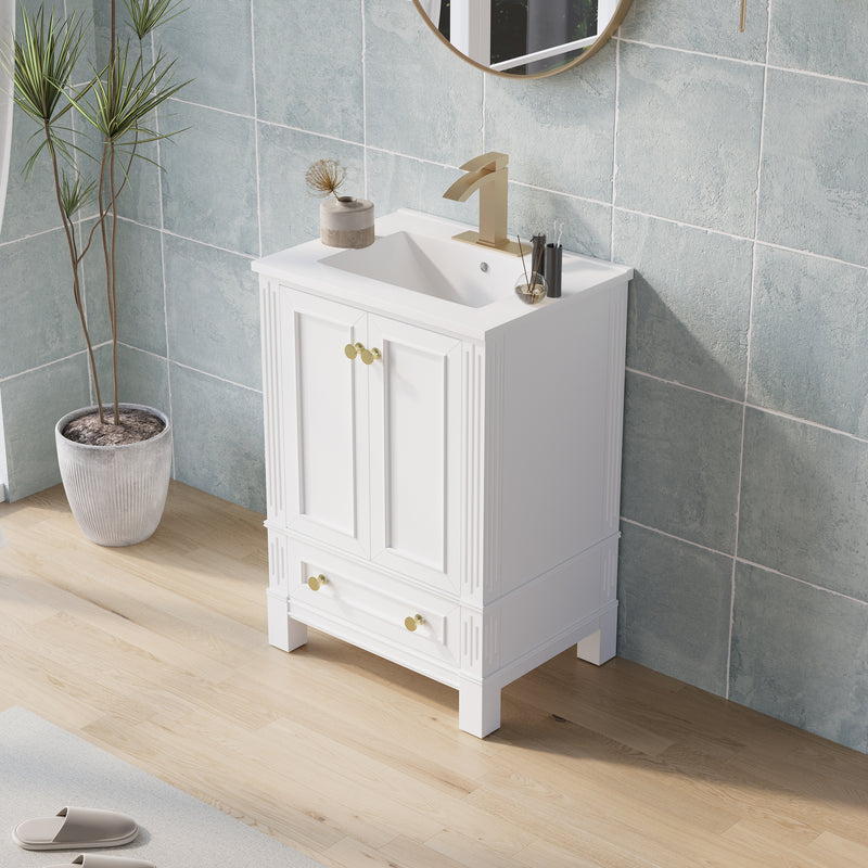 24 Inch Solid Wood Bathroom Vanity with cUPC Ceramic Basin, Soft-Close Doors, Gold Anodized Aluminum Handles