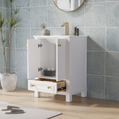 24 Inch Solid Wood Bathroom Vanity with cUPC Ceramic Basin, Soft-Close Doors, Gold Anodized Aluminum Handles