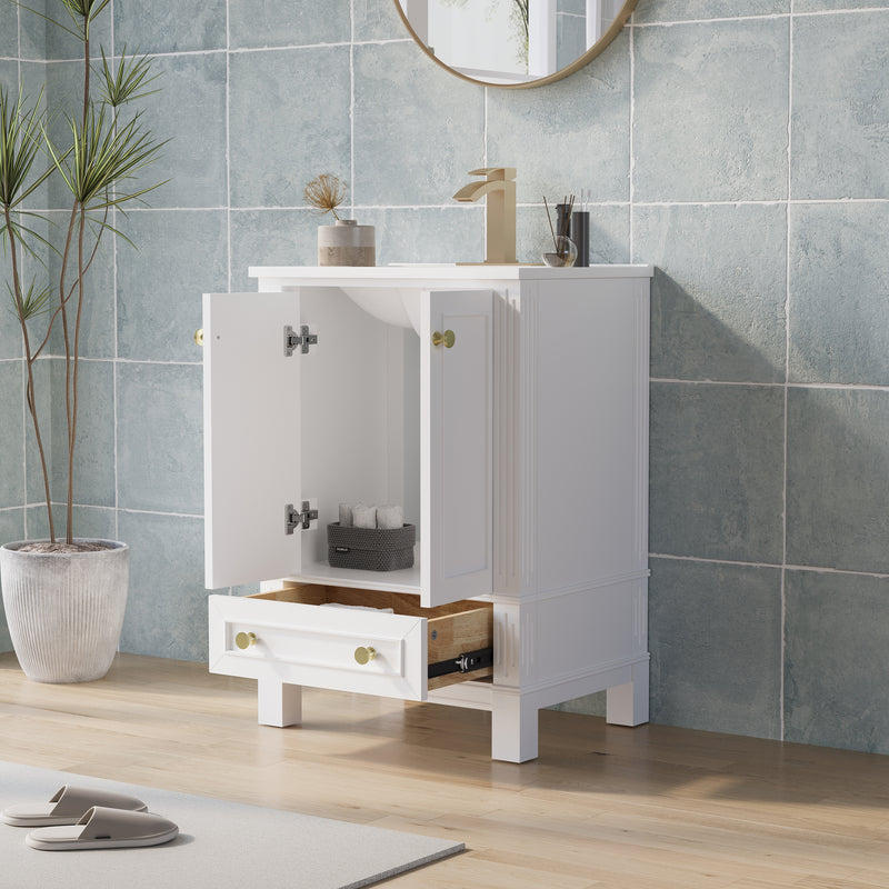 24 Inch Solid Wood Bathroom Vanity with cUPC Ceramic Basin, Soft-Close Doors, Gold Anodized Aluminum Handles