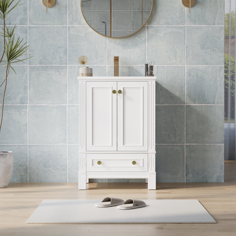 24 Inch Solid Wood Bathroom Vanity with cUPC Ceramic Basin, Soft-Close Doors, Gold Anodized Aluminum Handles