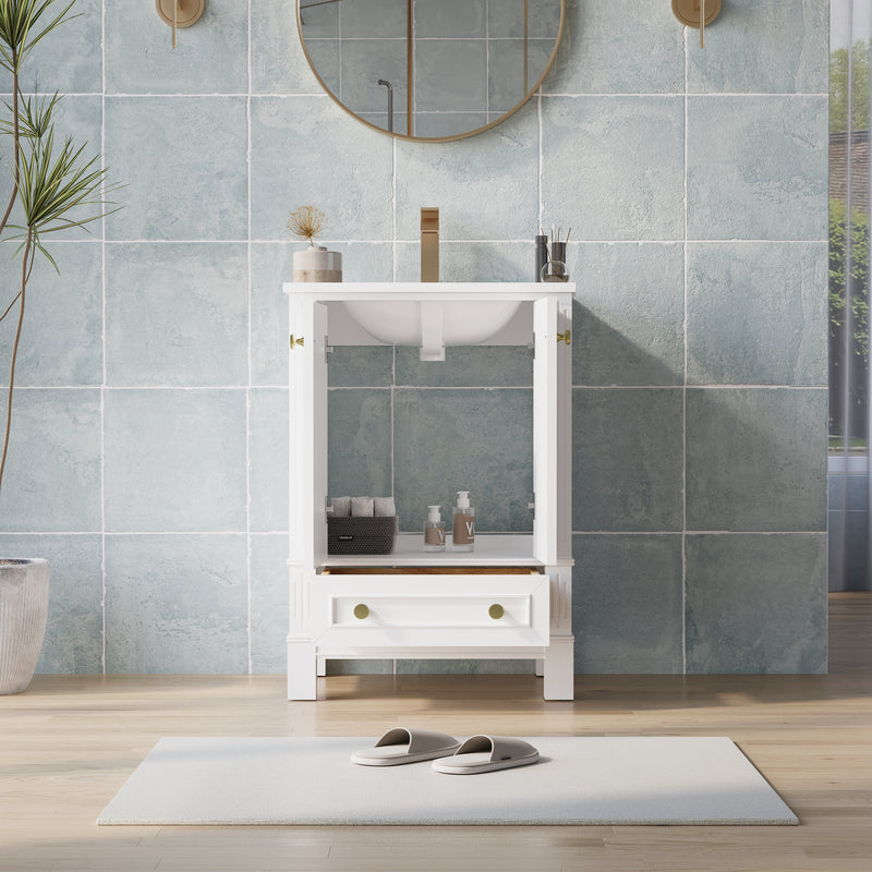 24 Inch Solid Wood Bathroom Vanity with cUPC Ceramic Basin, Soft-Close Doors, Gold Anodized Aluminum Handles