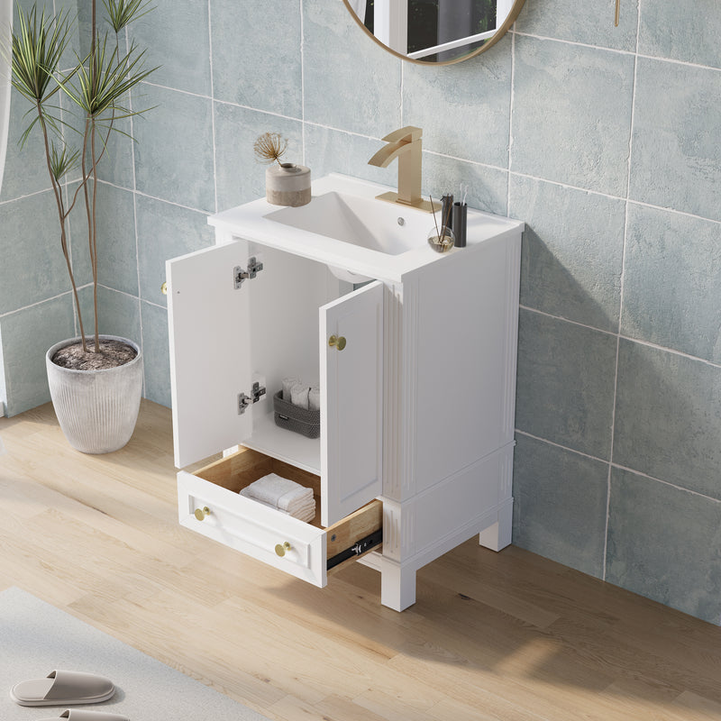 24 Inch Solid Wood Bathroom Vanity with cUPC Ceramic Basin, Soft-Close Doors, Gold Anodized Aluminum Handles