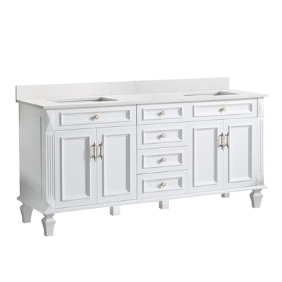 72inch White Single Sink Freestanding Solid Wood Bathroom Vanity Storage Organizer with Carrara White Quartz Countertop