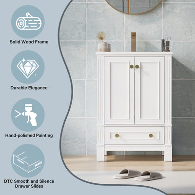 24 Inch Solid Wood Bathroom Vanity with cUPC Ceramic Basin, Soft-Close Doors, Gold Anodized Aluminum Handles