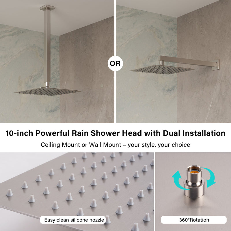3-Function 10" Stainless Steel Shower System with Dual Mounting Options Wall-Mounted & Ceiling-Mounted, Sliding Bar