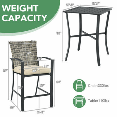 3 Pieces Rattan Bar Furniture Set with Slat Table and 2 Cushioned Stools