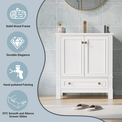 30 Inch Solid Wood Bathroom Vanity with cUPC Ceramic Basin, Soft-Close Doors, Gold Anodized Aluminum Handles