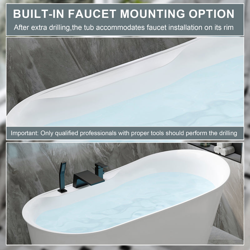66 Freestanding Glossy White Acrylic Bathtub with Overflow and Drainage